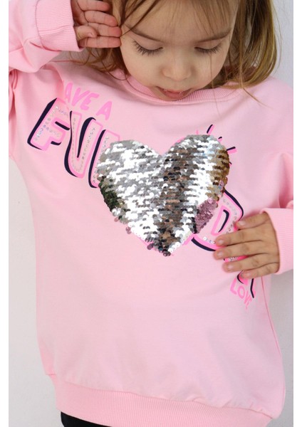 Kız Çocuk Sweatshirt Pullu Yazı Baskılı 4-8 Yaş, Pudra