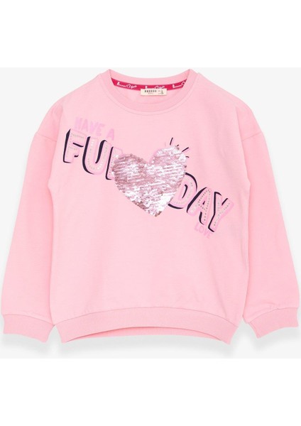 Kız Çocuk Sweatshirt Pullu Yazı Baskılı 4-8 Yaş, Pudra