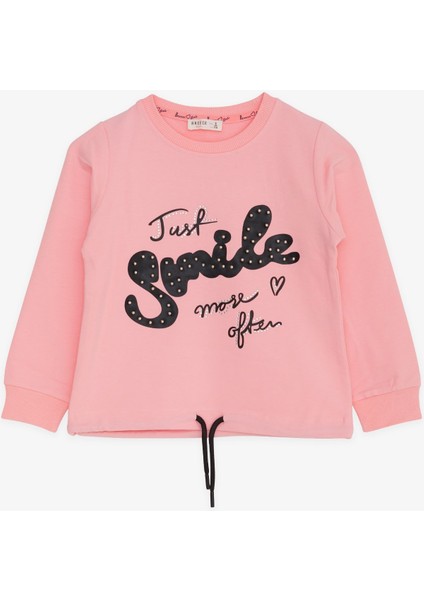 Kız Çocuk Sweatshirt İncili Taşlı Beli Bağcıklı 6-12 Yaş, Pudra