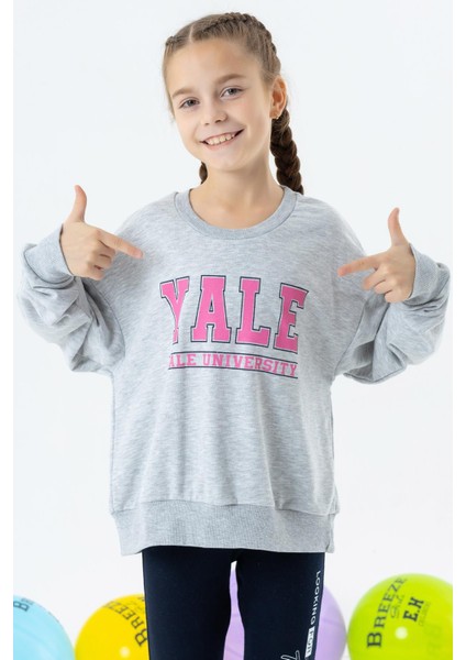 Kız Çocuk Sweatshirt Baskılı 8-14 Yaş, Gri Melanj