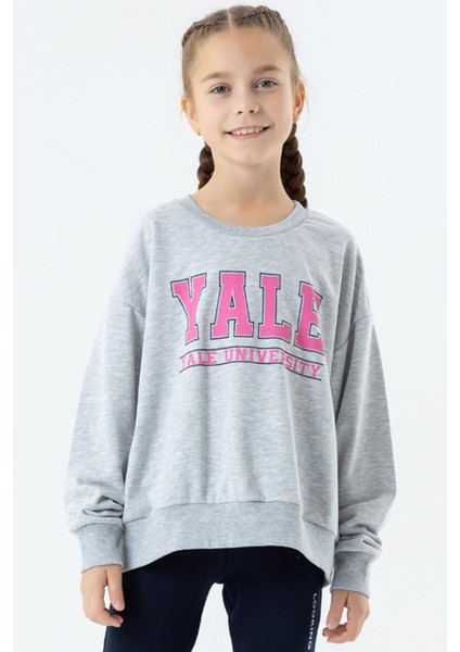 Kız Çocuk Sweatshirt Baskılı 8-14 Yaş, Gri Melanj