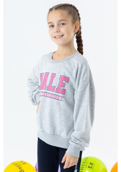 Kız Çocuk Sweatshirt Baskılı 8-14 Yaş, Gri Melanj