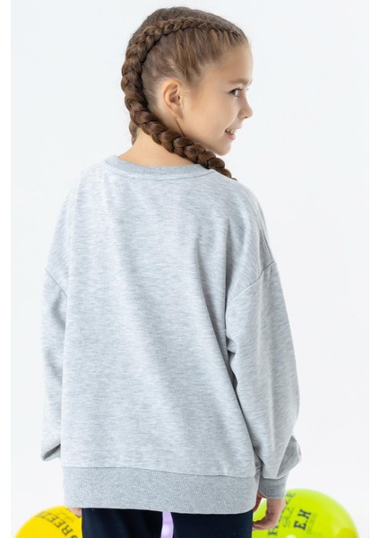 Kız Çocuk Sweatshirt Baskılı 8-14 Yaş, Gri Melanj