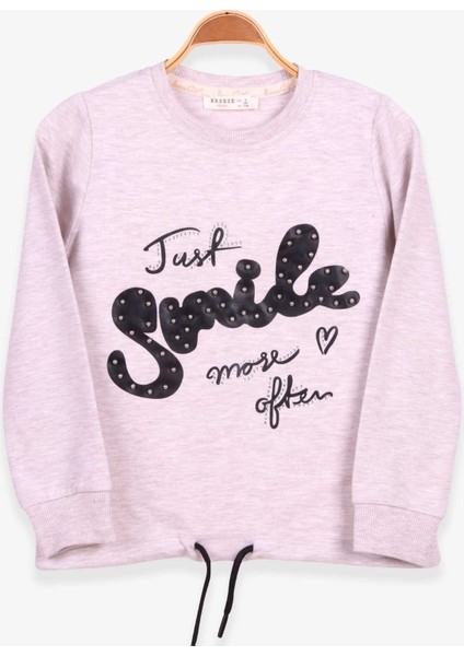 Kız Çocuk Sweatshirt İncili Taşlı Beli Bağcıklı 6-12 Yaş, Bej Melanj