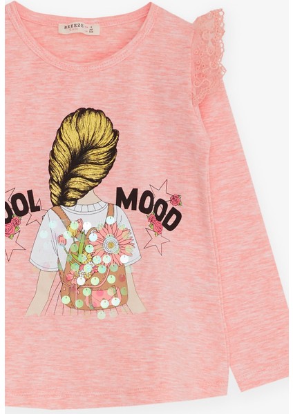 Kız Çocuk Uzun Kollu Tişört Omuzu Güpürlü 4-9 Yaş, Somon Melanj modelleri