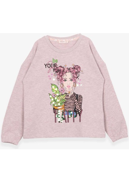 Kız Çocuk Uzun Kollu Tişört Portre Kız Baskılı 10-14 Yaş, Bej Melanj