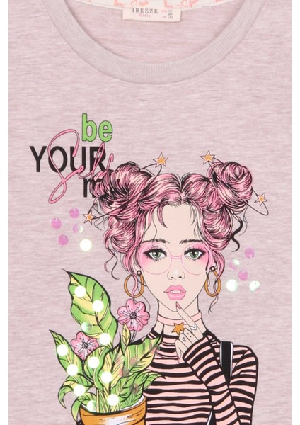 Kız Çocuk Uzun Kollu Tişört Portre Kız Baskılı 10-14 Yaş, Bej Melanj modelleri