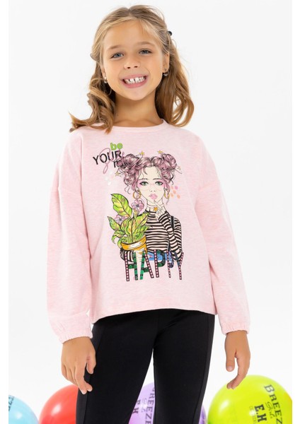 Kız Çocuk Uzun Kollu Tişört Portre Kız Baskılı 10-14 Yaş, Somon Melanj