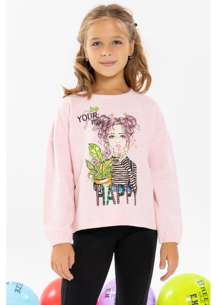 Kız Çocuk Uzun Kollu Tişört Portre Kız Baskılı 10-14 Yaş, Somon Melanj fiyatları