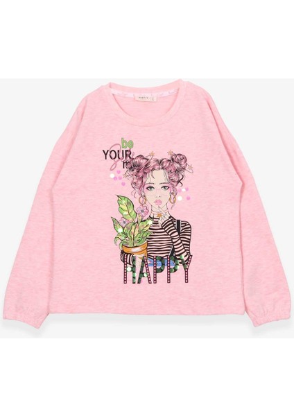 Kız Çocuk Uzun Kollu Tişört Portre Kız Baskılı 10-14 Yaş, Somon Melanj modelleri