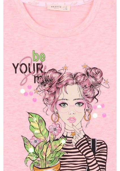 Kız Çocuk Uzun Kollu Tişört Portre Kız Baskılı 10-14 Yaş, Somon Melanj indirimleri