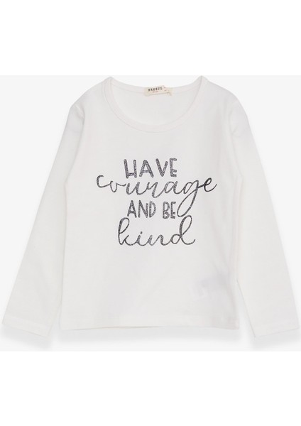 Kız Çocuk Uzun Kollu Tişört Simli Yazı Baskılı 3-7 Yaş, Ekru