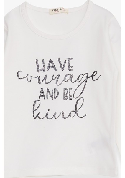 Kız Çocuk Uzun Kollu Tişört Simli Yazı Baskılı 3-7 Yaş, Ekru modelleri