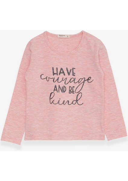 Kız Çocuk Uzun Kollu Tişört Simli Yazı Baskılı 3-7 Yaş, Somon Melanj