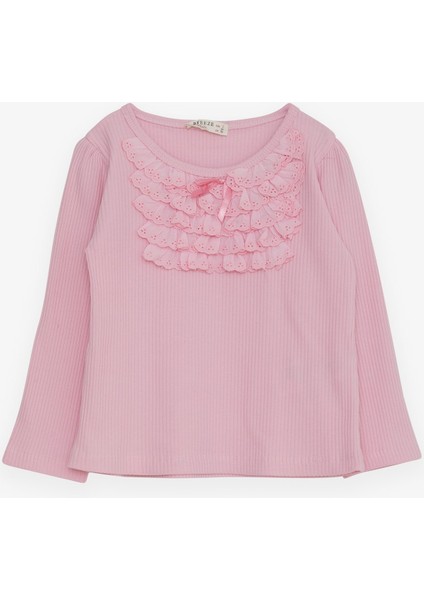 Kız Çocuk Uzun Kollu Bluz Güpürlü Fiyonklu 3-8 Yaş, Pembe