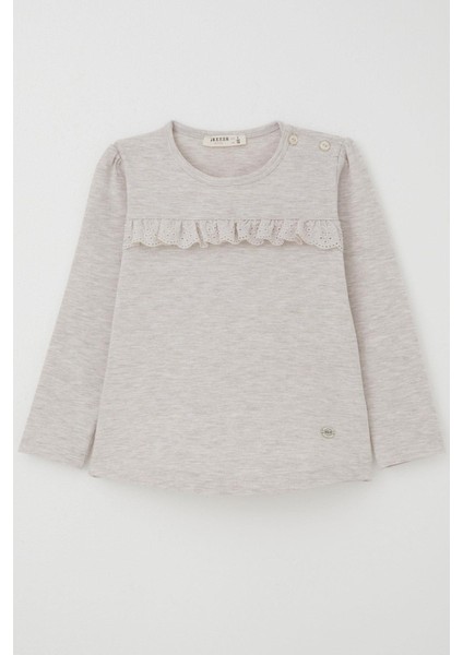 Kız Çocuk Uzun Kollu Tişört Güpürlü 1-4 Yaş, Bej Melanj