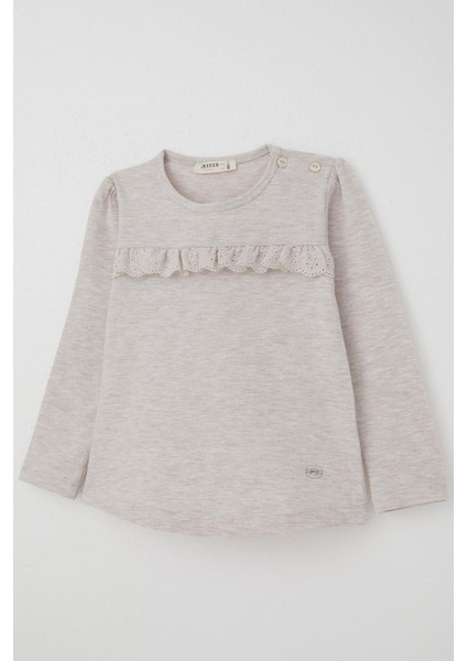 Kız Çocuk Uzun Kollu Tişört Güpürlü 1-4 Yaş, Bej Melanj modelleri