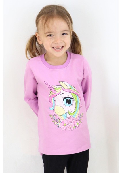 Kız Çocuk Uzun Kollu Tişört Unicorn Baskılı 1.5-5 Yaş, Lila