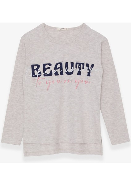 Kız Çocuk Uzun Kollu Tişört Taşlı Yazı Baskılı 10-16 Yaş, Bej Melanj
