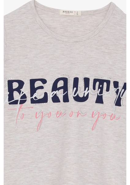 Kız Çocuk Uzun Kollu Tişört Taşlı Yazı Baskılı 10-16 Yaş, Bej Melanj modelleri