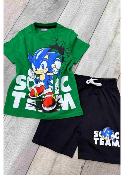 Sonic Baskılı Yeşil Tişört ve Siyah Şort Yazlık Çocuk Takım