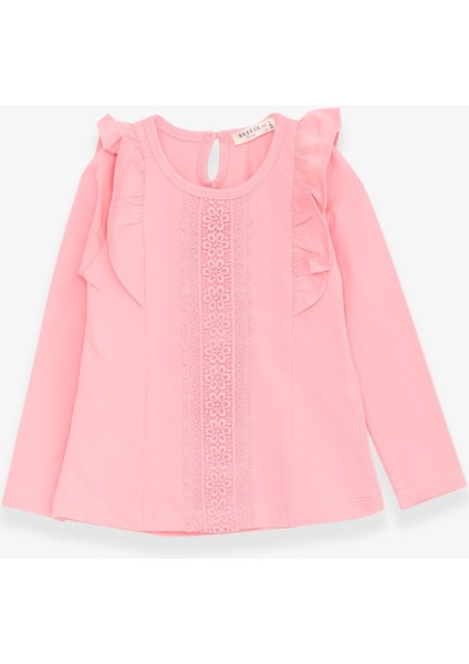 Kız Çocuk Uzun Kollu Tişört Güpürlü Fırfırlı 3-8 Yaş, Pudra