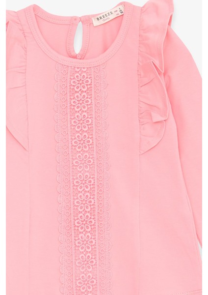 Kız Çocuk Uzun Kollu Tişört Güpürlü Fırfırlı 3-8 Yaş, Pudra modelleri