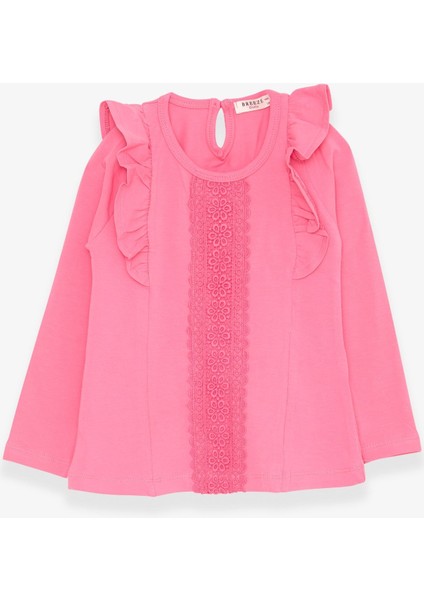 Kız Çocuk Uzun Kollu Tişört Güpürlü Fırfırlı 3-8 Yaş, Mercan