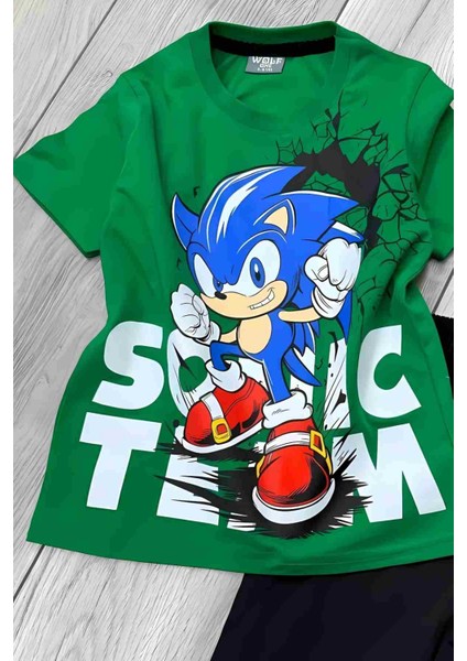 Sonic Baskılı Yeşil Tişört ve Siyah Şort Yazlık Çocuk Takım