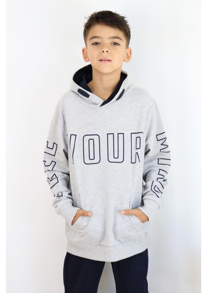 Erkek Çocuk Yazı Baskılı Sweatshirt 9-16 Yaş, Gri Melanj
