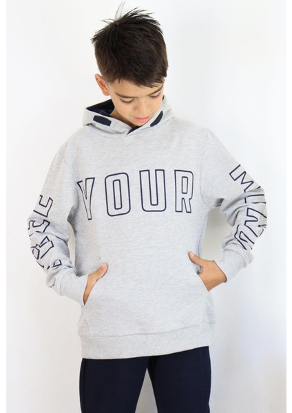 Erkek Çocuk Yazı Baskılı Sweatshirt 9-16 Yaş, Gri Melanj