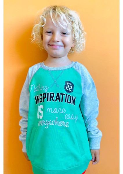 Girls & Boys Erkek Çocok Sweatshirt Yazı Baskılı Cepli 5-10 Yaş, Yeşil modelleri