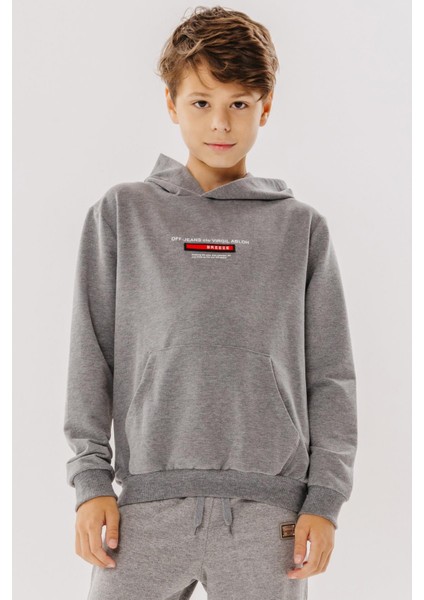 Girls & Boys Erkek Çocuk Sweatshirt Yazı Baskılı Armalı Kanguru Cepli 8-14 Yaş, Koyu Gri Melanj