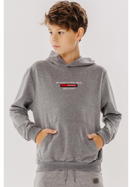 Girls & Boys Erkek Çocuk Sweatshirt Yazı Baskılı Armalı Kanguru Cepli 8-14 Yaş, Koyu Gri Melanj modelleri