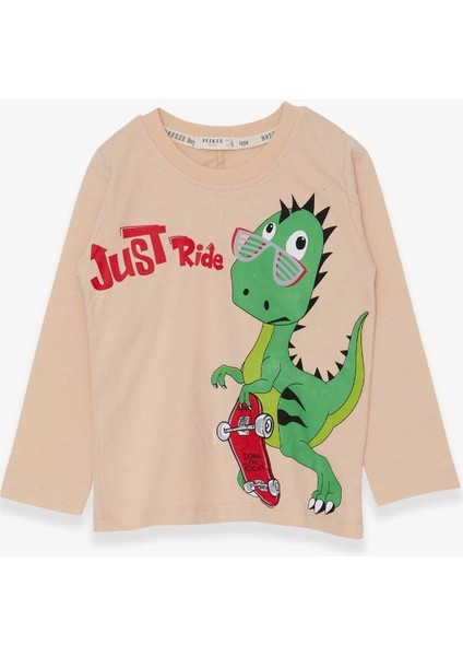 Erkek Çocuk Uzun Kollu Tişört Dinozor Baskılı 2-6 Yaş, Bej