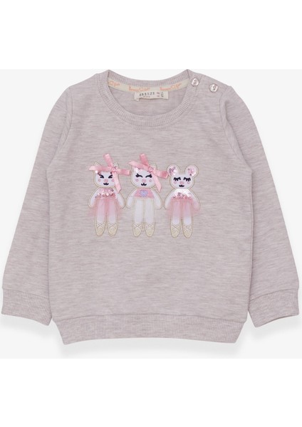 Kız Çocuk Sweatshirt Hayvancık Baskılı 1.5-5 Yaş, Bej Melanj
