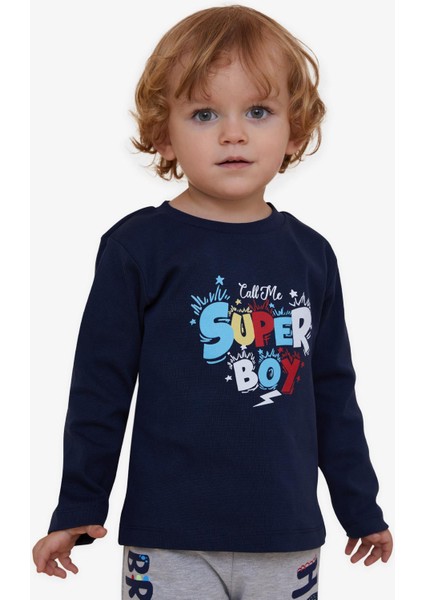 Erkek Çocuk Uzun Kollu Tişört Yazı Baskılı 1-4 Yaş, Lacivert