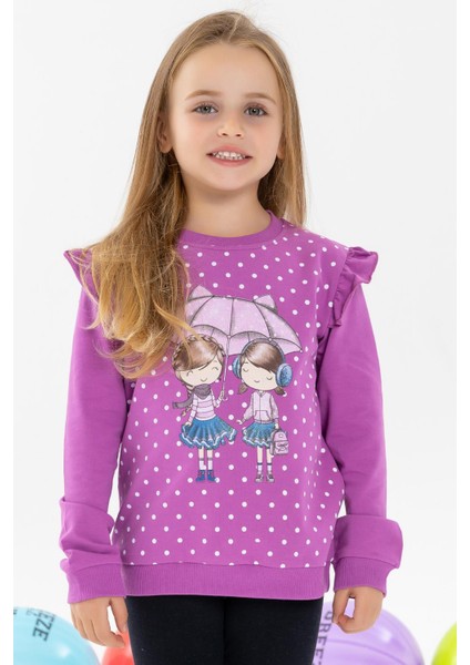 Kız Çocuk Sweatshirt Dostluk Temalı 2-6 Yaş, Eflatun