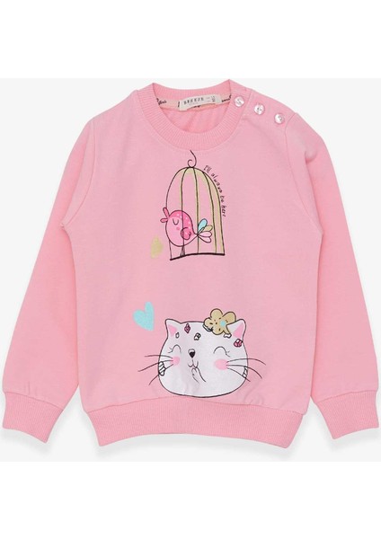 Kız Çocuk Sweatshirt Simli Kedicik Baskılı 1.5-5 Yaş, Pudra modelleri