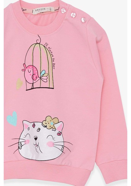 Kız Çocuk Sweatshirt Simli Kedicik Baskılı 1.5-5 Yaş, Pudra indirimleri