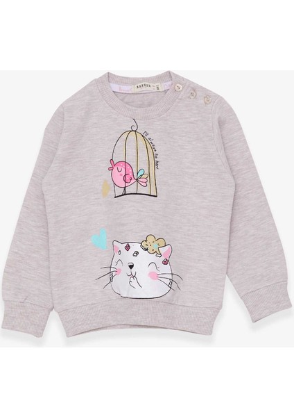 Kız Çocuk Sweatshirt Simli Kedicik Baskılı 1.5-5 Yaş, Bej Melanj