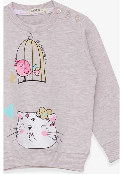 Kız Çocuk Sweatshirt Simli Kedicik Baskılı 1.5-5 Yaş, Bej Melanj