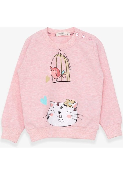 Kız Çocuk Sweatshirt Simli Kedicik Baskılı 1.5-5 Yaş, Somon Melanj