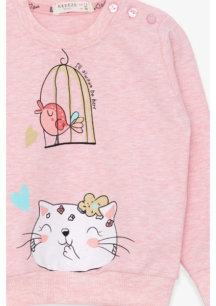 Kız Çocuk Sweatshirt Simli Kedicik Baskılı 1.5-5 Yaş, Somon Melanj