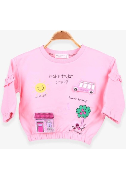 Kız Çocuk Sweatshirt Okul Temalı 1-4 Yaş, Pudra