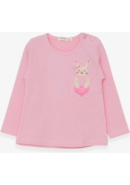 Kız Çocuk Uzun Kollu Tişört Cepli Tavşancık Baskılı 1.5-5 Yaş, Pudra