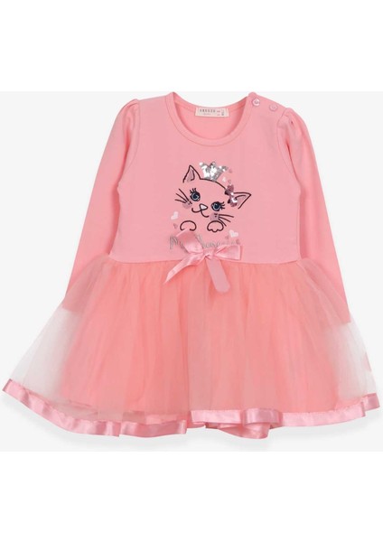 Kız Çocuk Uzun Kollu Elbise Kedicik Nakışlı Pullu 1.5-5 Yaş, Somon
