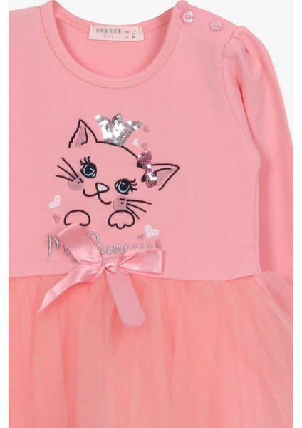 Kız Çocuk Uzun Kollu Elbise Kedicik Nakışlı Pullu 1.5-5 Yaş, Somon modelleri