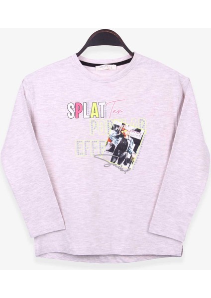 Kız Çocuk Uzun Kollu Tişört Baskılı Taşlı 8-14 Yaş, Bej Melanj