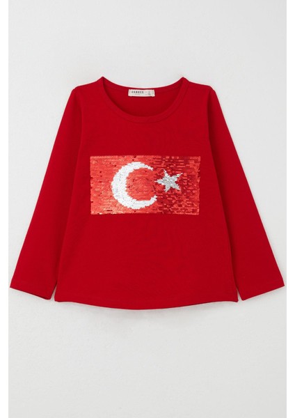 Kız Çocuk Uzun Kollu Tişört Pullu Ay Yıldız 4-14 Yaş, Kırmızı